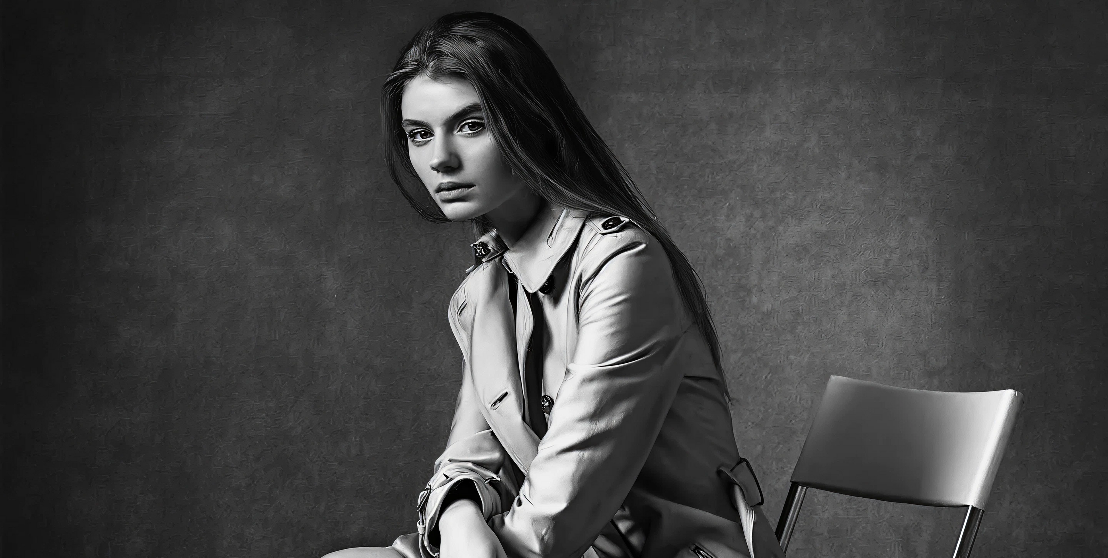 Woman in a trench coat sitting on a chair against a dark background
